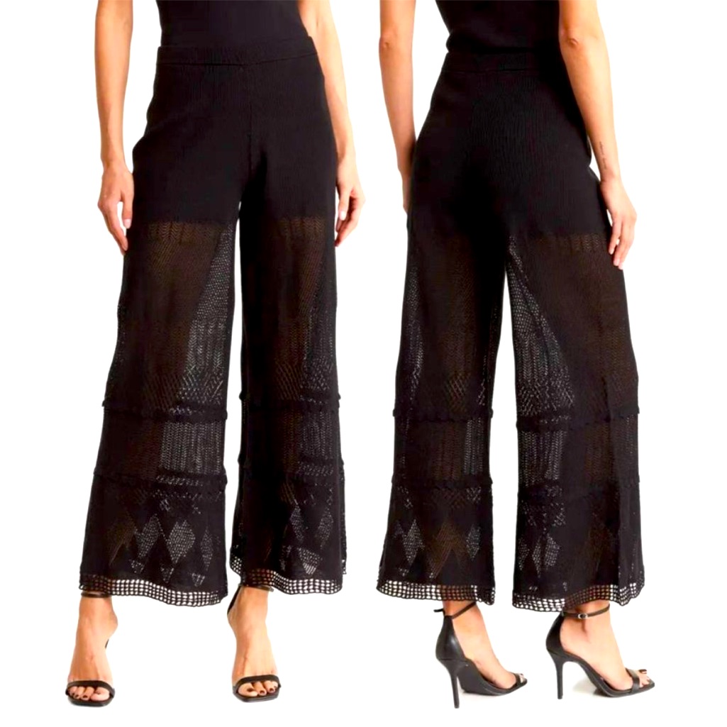Toccin Set: Black Crochet Cotton Pants + Matching Wrap Long Ruffle Sleeves Top L